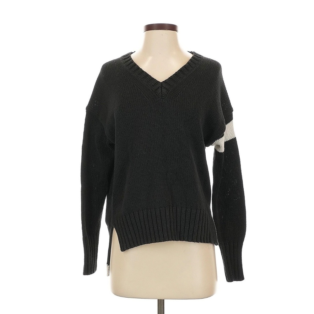 360 Sweater Womens XS Black Cream V-Neck Shaker Knit Varsity Stripe Pullover